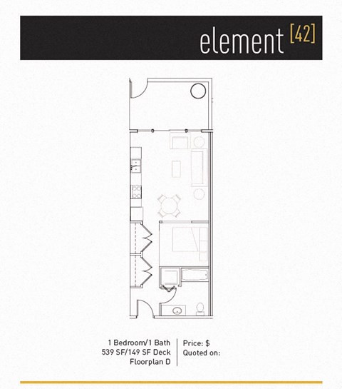 Floor plan for 1 bed, 1 bath, 539 sqft